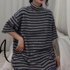 Color-block Striped Mock-neck Short-sleeve Top