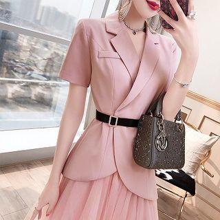 Set: Short-sleeve Blazer + Sheer Overlay A-line Midi Skirt