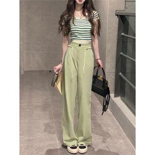 Short-sleeve Striped Crop T-shirt / Wide Leg Pants