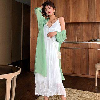 Spaghetti-strap Midi Crinkle Dress / Long Shirt