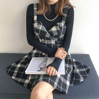 Set: Checked Mini Jumper Dress + Mock-neck Ribbed Top