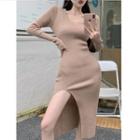 V-neck Plain Side-slit Knit Dress