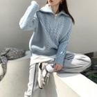 Mock-neck Zip Plain Striped Sweater