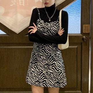 Long-sleeve Turtleneck Top / Spaghetti Strap Zebra Print Mini Dress