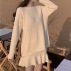 Set: Cable Knit Sweater + Skirt Set - White - One Size