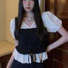 Short-sleeve Mock Two-piece Drawstring Blouse Black & White - One Size