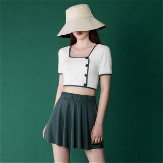 Set: Contrast Trim Short-sleeve Tankini +swim Skirt
