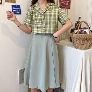 Short Sleeve Plaid Shirt / Midi A-line Skirt