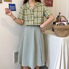 Short Sleeve Plaid Shirt / Midi A-line Skirt