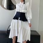 Set: Long-sleeve Plain Button-up Midi Dress + Peplum Belt