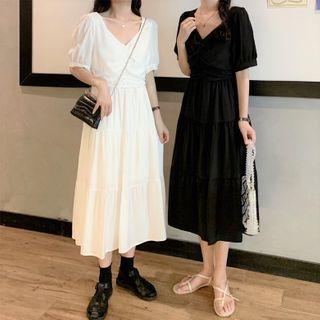 V-neck Plain Puff-sleeve Dress