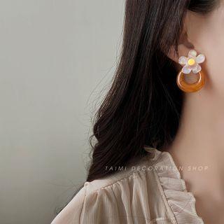 Flower & Hoop Resin Dangle Earring 1 Pair - Brown & White - One Size