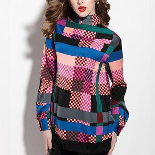 Mock-neck Checked Long-sleeve T-shirt