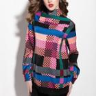 Mock-neck Checked Long-sleeve T-shirt