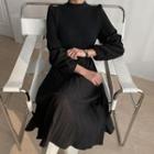 Inset Vest Puff-sleeve Midi Pleated Dress Black - One Size