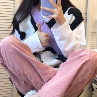 Long-sleeve T-shirt / Cow Print Knit Vest / Wide Leg Pants