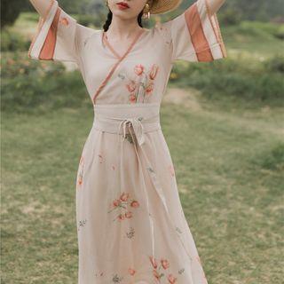 Elbow-sleeve Printed Midi A-line Chiffon Dress