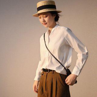 Long-sleeve Plain Shirt Ivory White - One Size