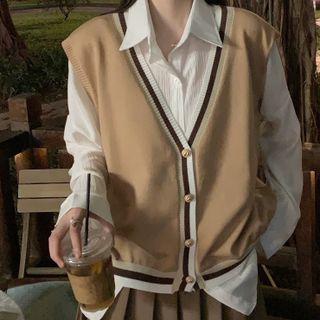 V-neck Color Block Vest Tank Top / Plain Pleated Skirt / Ruched Panel Shirt