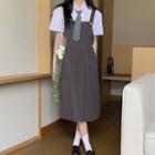 Short-sleeve Tie-neck Shirt / Midi A-line Overall Dress