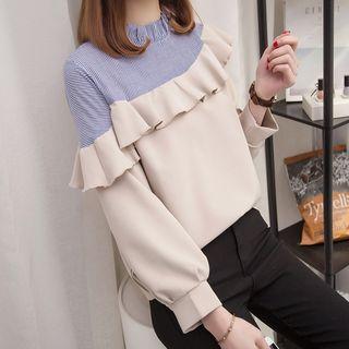 Striped Panel Ruffle Trim Blouse