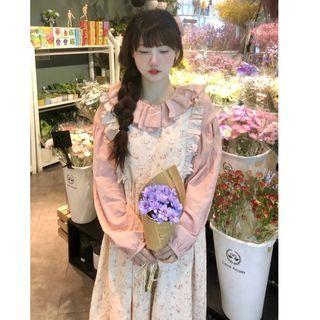 Mock Two-piece Long-sleeve Floral Dress Floral - Pink & White - One Size
