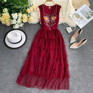 Sleeveless Floral Embroidered Midi Mesh Layered Dress