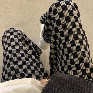 High-waist Plaid Pleated Straight-cut Pants