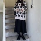 Long-sleeve V-neck Leaf Printed Knit Sweater / Plain A-line Midi Skirt