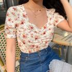 Floral Print Shirred-front Short-sleeve Cropped Top