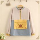 Dog Embroidered Half-zip Color Block Jacket Blue & Almond - One Size