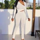 Set: Long-sleeve Drawstring Crop Top + Sweatpants