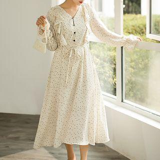 Long-sleeve Floral Print Ruffle A-line Chiffon Dress