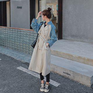Denim Panel Double Breasted Trench Coat