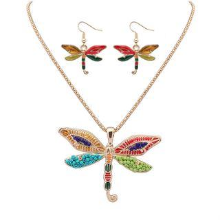 Set: Bead Dragonfly Pendant Necklace + Dangle Earring