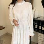 Long-sleeve Crinkled Midi A-line Dress White - One Size