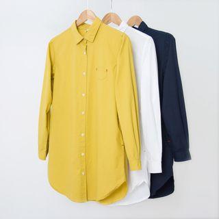 Long-sleeved Loose-fit Pocketed Plain Long Blouse