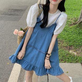 Puff-sleeve Plain Blouse / Ruffle Denim Mini Overall Dress