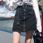 Belted Front-zip A-line Mini Denim Skirt