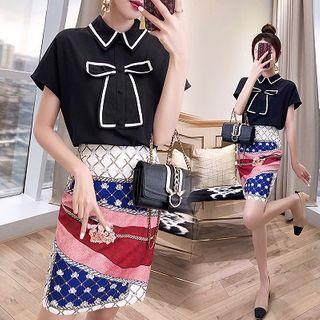 Set: Short-sleeve Bow Chiffon Shirt + Printed Mini Skirt