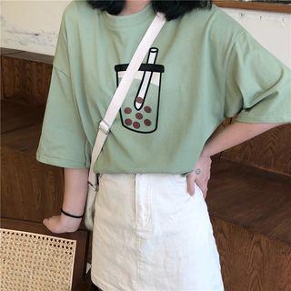 Printed Elbow Sleeve T-shirt Green - One Size