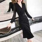 V-neck Long-sleeve Ruffle Hem Sheath Dress