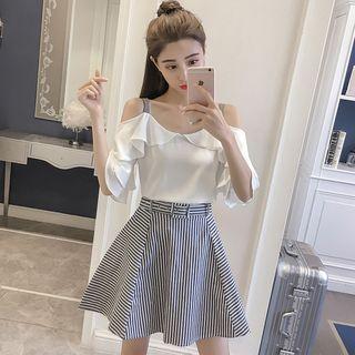 Set: Elbow-sleeve Cold Shoulder Ruffle Top + Striped A-line Skirt