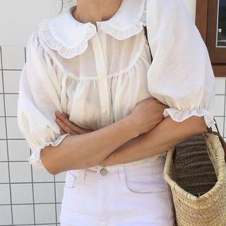 Peter-pan-collar Short-sleeve Blouse White - One Size