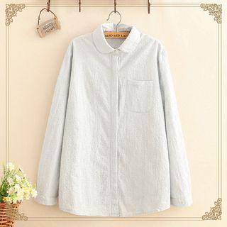 Pocket-front Flower Embroidered Long-sleeve Shirt