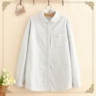 Pocket-front Flower Embroidered Long-sleeve Shirt