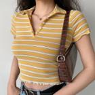 Cropped Polo-collar Striped Short-sleeve Top