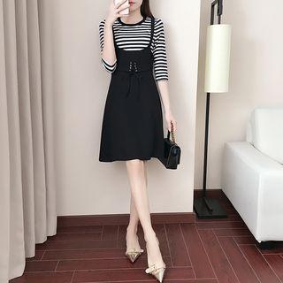 Set: Striped 3/4-sleeve T-shirt + Plain Suspender Dress