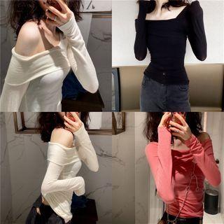 Off-shoulder Long-sleeve Slim-fit Top - 4 Colors