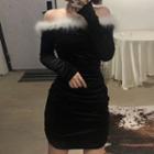 Long-sleeve Furry Trim Velvet Dress Black - One Size